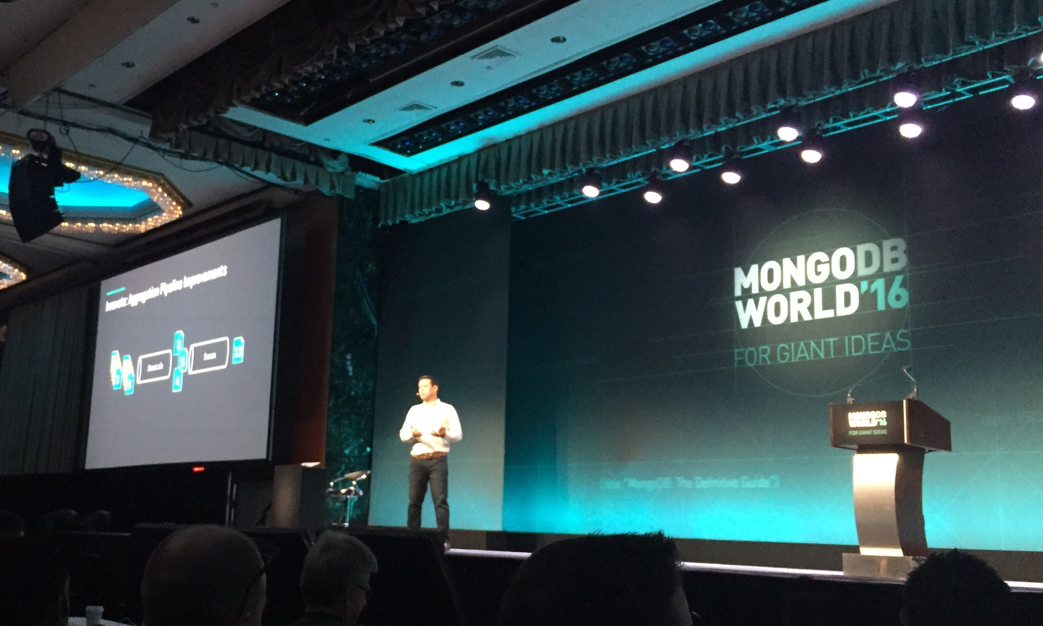 MongoDB co-founder and CTO Eliot Horowitz on stage Tuesday at MongoDB World (photo courtesy Alexander Hendorf)